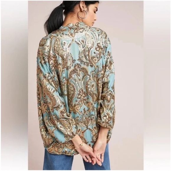 Anthropologie Ettawa Sequins Turquoise and Gold Toned Kimono Jacket- M/L - Picture 2 of 13